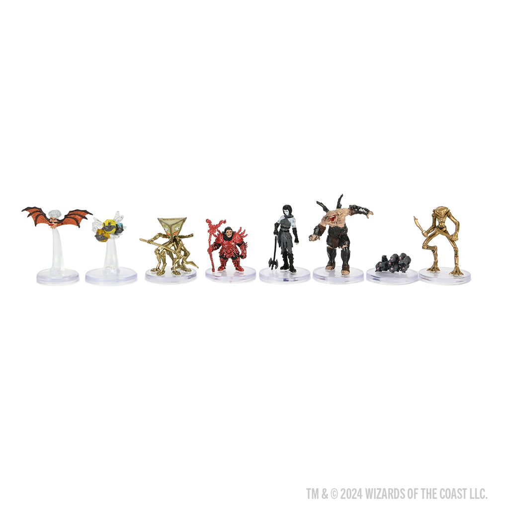 D&D Icons of the Realms: Planescape: Adventures in the Multiverse Booster - Seven small detailed fantasy miniatures including a red demon, winged creatures, humanoid figures, and a cluster of black.