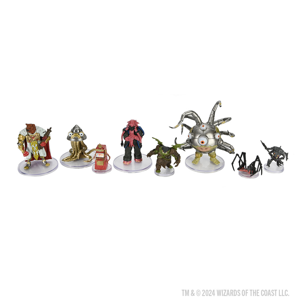 D&D Icons of the Realms: Planescape: Adventures in the Multiverse Booster - Seven painted Dungeons & Dragons miniatures featuring fantasy characters and creatures on round white bases against a white.