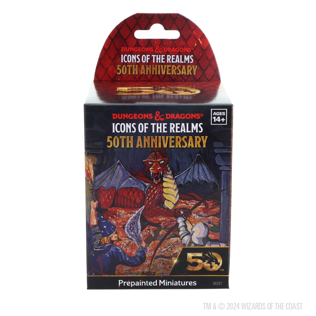 D&D: Icons of the Realms: 50th Anniversary Booster - Red and black rectangular booster pack featuring a detailed dragon illustration and gold 50th Anniversary emblem.