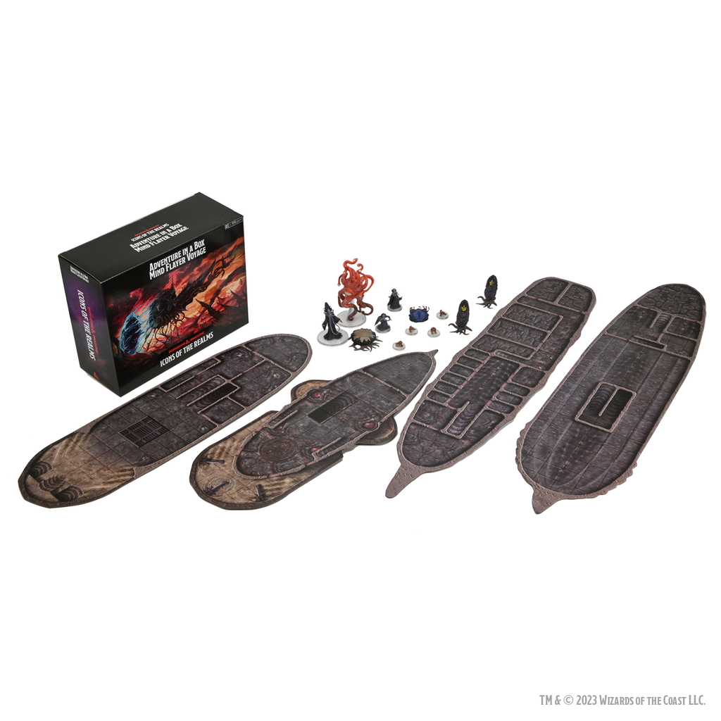 D&D Icons of the Realms Adventure Box - Mind Flayer Voyage - D&D Icons of the Realms Adventure Box with a black box featuring colorful artwork, four detailed brown boat-shaped dungeon.