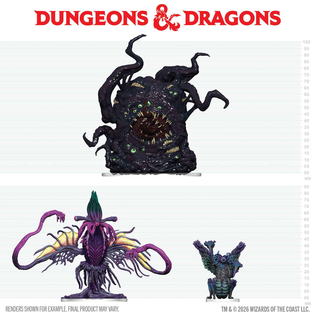 D&D Icons of the Realms: Eldritch Enemies of Ravenloft (PREORDER) - One dark, twisted tentacled creature with a gaping mouth, the other a purple and green insect-like monster with multiple.