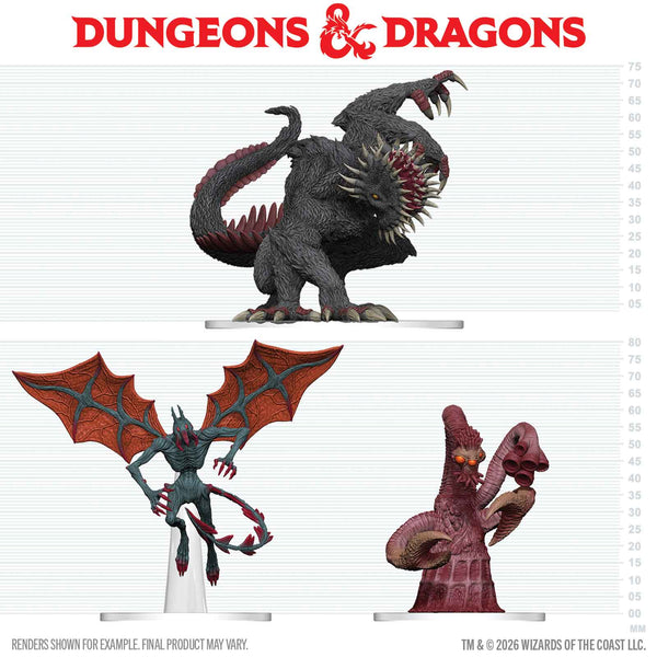 D&D Icons of the Realms: Maddening Monsters of Ravenloft (PREORDER) - One black four-legged monster with a large open mouth and multiple teeth; another flying creature with red bat-like wings.