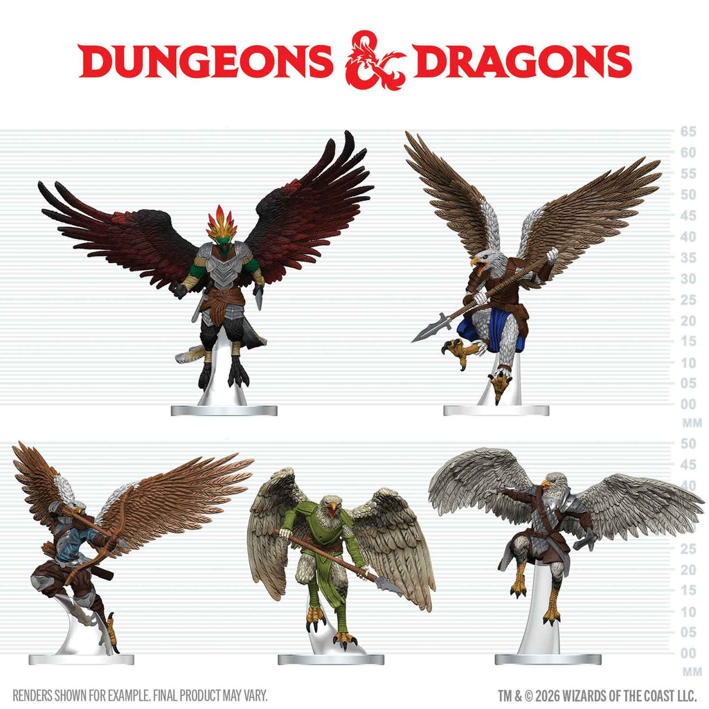 D&D Icons of the Realms: Aarakocra Flock (PREORDER) - Four detailed aarakocra miniatures with large feathered wings in red, brown, green, and gray, posed dynamically on clear.