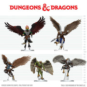 D&D Icons of the Realms: Aarakocra Flock (PREORDER) - Four detailed aarakocra miniatures with large feathered wings in red, brown, green, and gray, posed dynamically on clear.