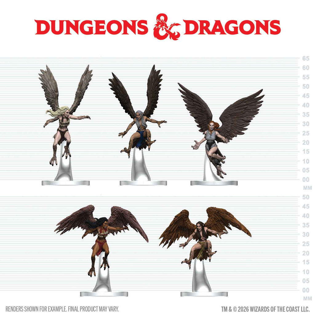 D&D Icons of the Realms: Harpy Flock (PREORDER) - Set of five detailed Harpy miniatures with dark wings, posed dynamically on clear stands, designed for tabletop gaming.
