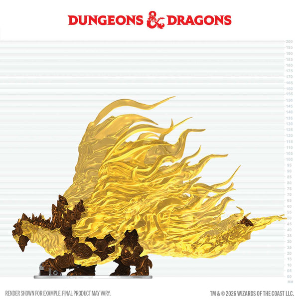 D&D Icons of the Realms: Hollow Dragon (PREORDER) - Golden translucent dragon miniature with fiery flowing wings and dark base detailing.