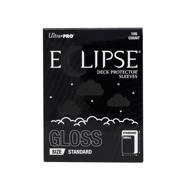 Ultra Pro Eclipse Gloss Deck Protectors: Jet Black - Glossy black rectangular pack of Ultra Pro Eclipse deck protector sleeves with white text and cloud graphics on the front.