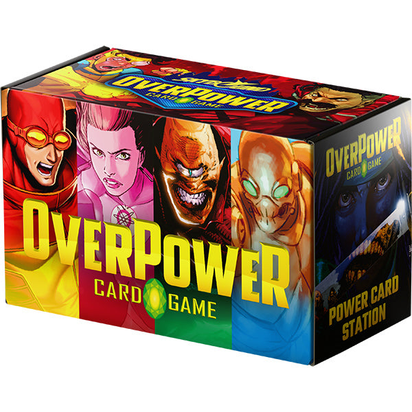 OverPower CCG: Skybound - Power Card Station (PREORDER) - Rectangular box with bold yellow "OVERPOWER" text and colorful comic-style superhero faces on red, orange, and blue.