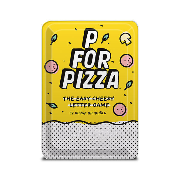 P for Pizza Tin - Rectangular yellow tin with playful pizza-themed graphics and bold black and white text reading "P for Pizza" and "The Easy.