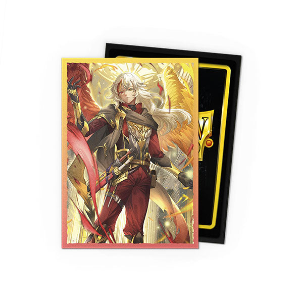 Dragon Shield Dual Matte Art Sleeves: Grand Archive - Azrael, Archangel of Materia (PREORDER) - Card sleeves featuring detailed anime-style artwork of a blonde warrior in red and gold armor with a fiery background, matte