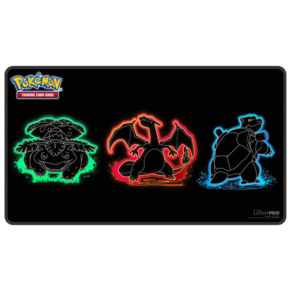 Ultra Pro Playmat: Foil Pokémon - Neon Kanto (PREORDER) - Black rectangular playmat with neon-outlined Venusaur, Charizard, and Blastoise centered in green, red, and blue hues.