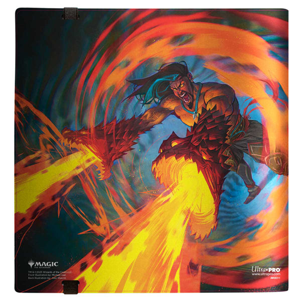 Binder PRO 12-Pocket - Tarkir Dragonstorm - Collector Key Art - Binder with vibrant fantasy artwork of a fiery dragon-breathing warrior in dynamic orange and blue tones.