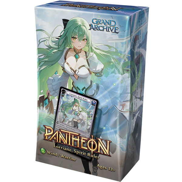 Grand Archive TCG: Radiant Origins Pantheon Deck - Lorraine, Spirit Ruler - Collector card deck box with fantasy art of a green-haired female warrior in white armor and flowing cape, titled Pantheon.