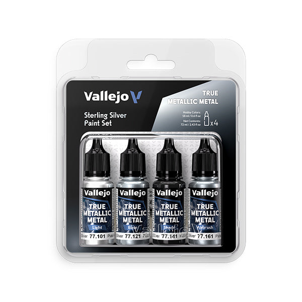 Vallejo True Metallic Metal Set: Sterling Silver (4 Color Set), 18 ml. - Set of four 18ml Vallejo True Metallic paints in sterling silver shades with black caps in clear plastic package.