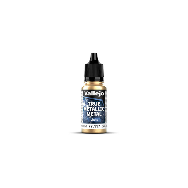 Vallejo True Metallic Metal Light: Arcane Gold (18ml) - Small plastic bottle of Vallejo True Metallic Metal Light Arcane Gold paint with black twist cap and blue label.