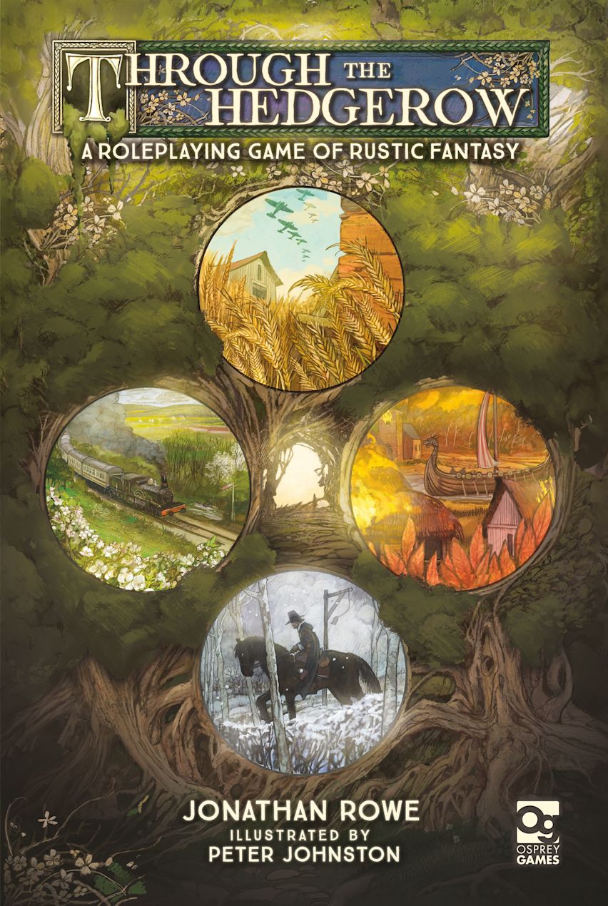 Through the Hedgerow - Rustic fantasy roleplaying game cover featuring four circular nature scenes and twisted tree roots background.