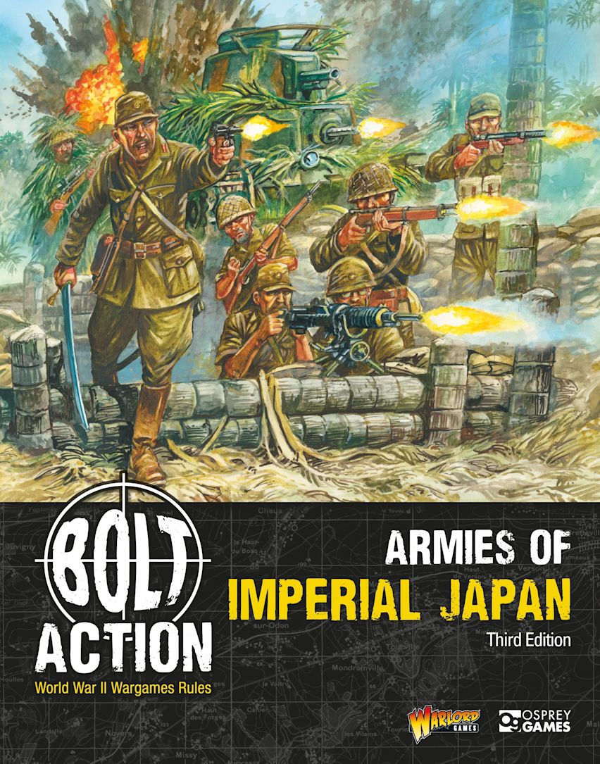 Bolt Action 3: Armies of Imperial Japan (PREORDER) - Wartime illustration showing Imperial Japanese soldiers in green and brown uniforms firing rifles in a jungle setting with.