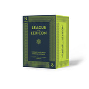 League of the Lexicon - Compact rectangular game box in dark blue with lime green accents and decorative border, labeled League of the Lexicon party