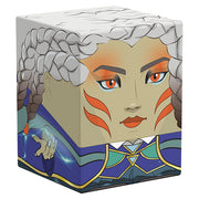Squaroes 100+ Boulder: Secrets of Strixhaven - Tam (PREORDER) - Cube-shaped deck box with stylized character face, braided silver hair, orange markings, and blue fantasy armor design.