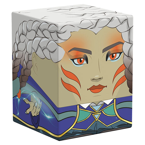 Squaroes 100+ Boulder: Secrets of Strixhaven - Tam (PREORDER) - Cube-shaped deck box with stylized character face, braided silver hair, orange markings, and blue fantasy armor design.