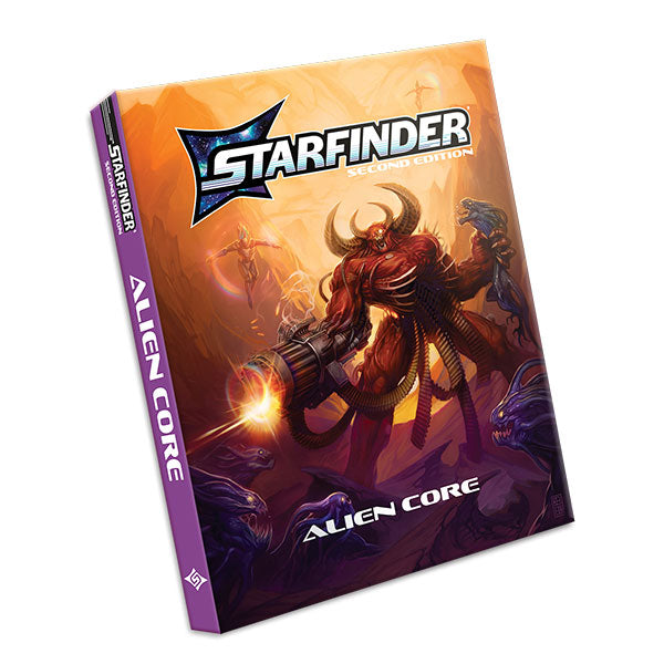 Starfinder 2E: Alien Core, Pocket Edition - Starfinder Alien Core Pocket Edition book with vibrant orange and purple sci-fi cover featuring a futuristic warrior holding
