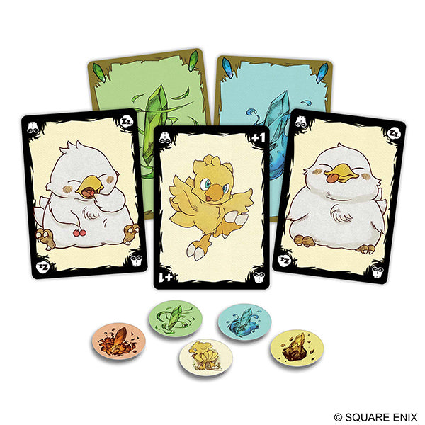 Chocobo's Crystal Hunt Card Game: Deluxe (PREORDER) - Chocobo-themed cards with cute bird illustrations in soft yellow and white, accompanied by circular colored tokens with.