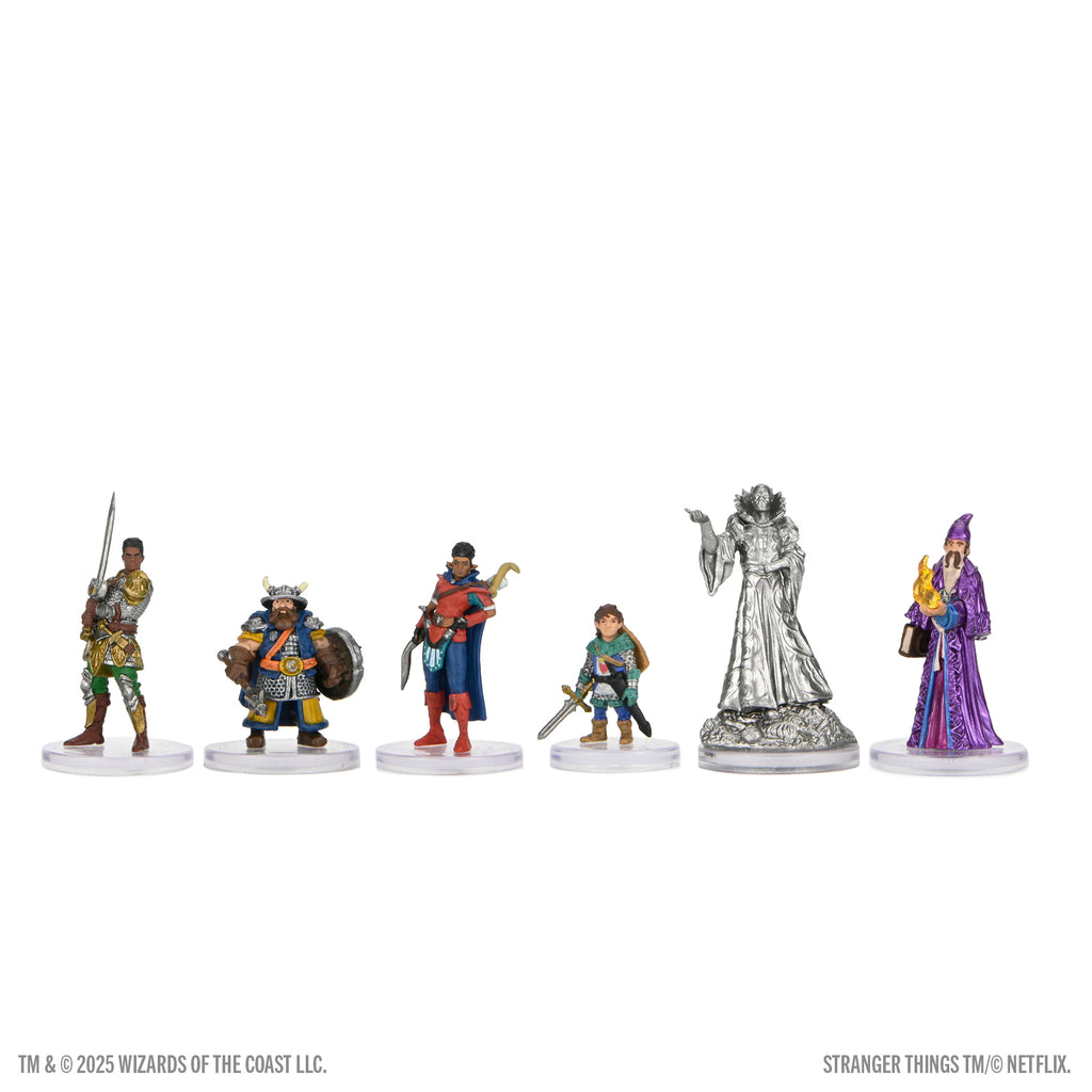 Stranger Things: Heroes of Hellfire Minis - Set of six Stranger Things miniature figures featuring detailed color and unpainted metal designs, each character posed.