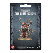 Warhammer 40,000 - Adeptus Mechanicus - Tech-Priest Enginseer - Warhammer 40K Tech-Priest Enginseer miniature with red and metallic armor, mechanical limbs, and intricate weaponry on round