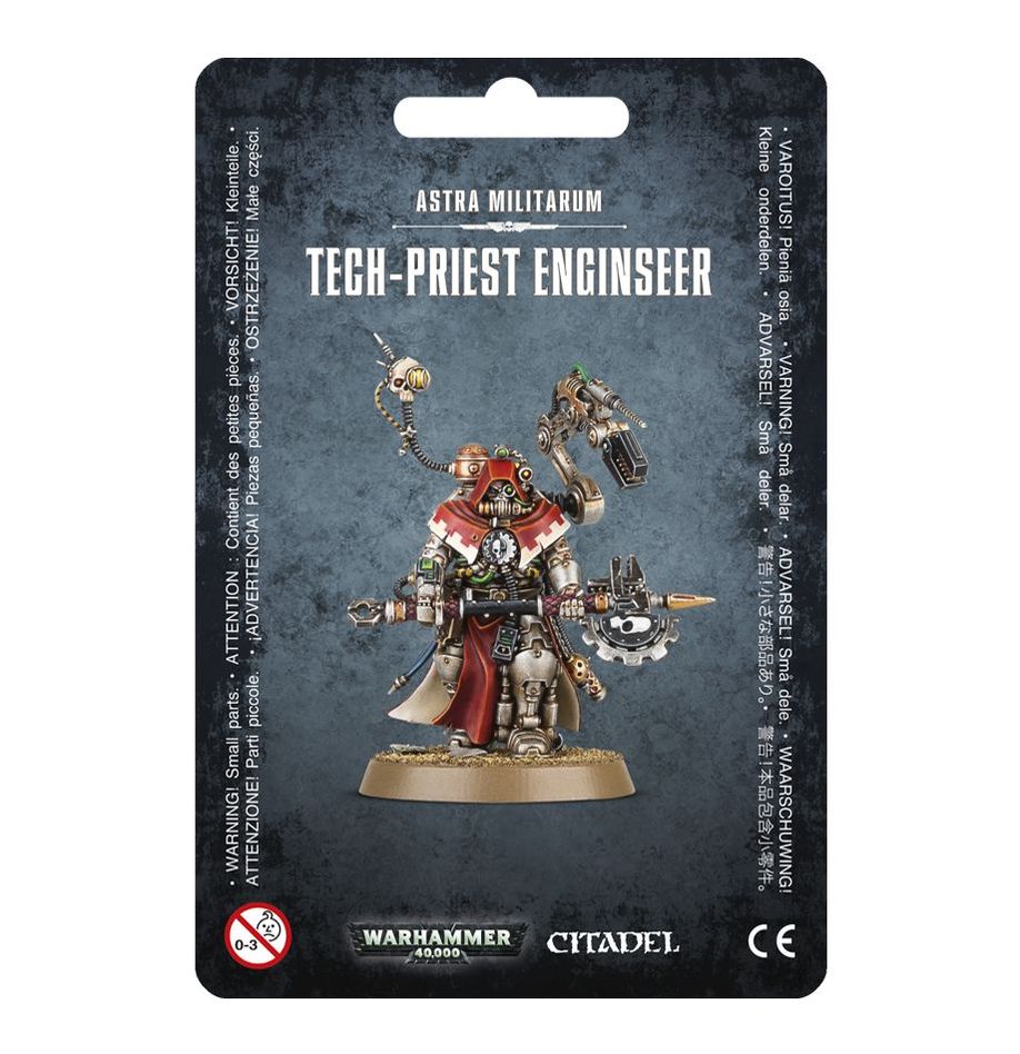 Warhammer 40,000 - Adeptus Mechanicus - Tech-Priest Enginseer - Warhammer 40K Tech-Priest Enginseer miniature with red and metallic armor, mechanical limbs, and intricate weaponry on round