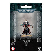 Warhammer 40,000 - Adepta Sororitas - Palatine - Painted Warhammer 40,000 Adepta Sororitas Palatine miniature with black and red armor, white hair, and ornate weaponry on a.