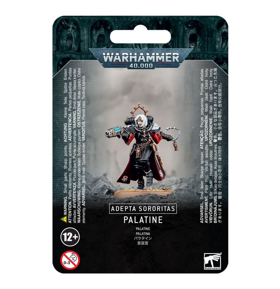 Warhammer 40,000 - Adepta Sororitas - Palatine - Painted Warhammer 40,000 Adepta Sororitas Palatine miniature with black and red armor, white hair, and ornate weaponry on a.