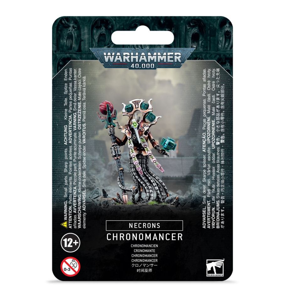 Warhammer 40,000 - Necrons - Chronomancer - Warhammer 40,000 Necrons Chronomancer miniature kit packaging with sci-fi robotic figure artwork and dark futuristic.