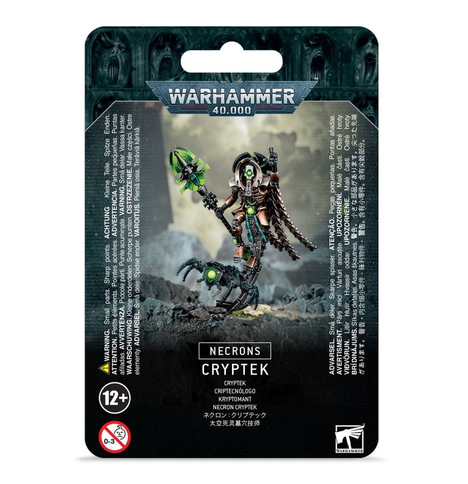 Warhammer 40,000 - Necrons - Cryptek - Warhammer 40,000 Necrons Cryptek miniature blister pack with green energy staff and metallic skeletal figure.