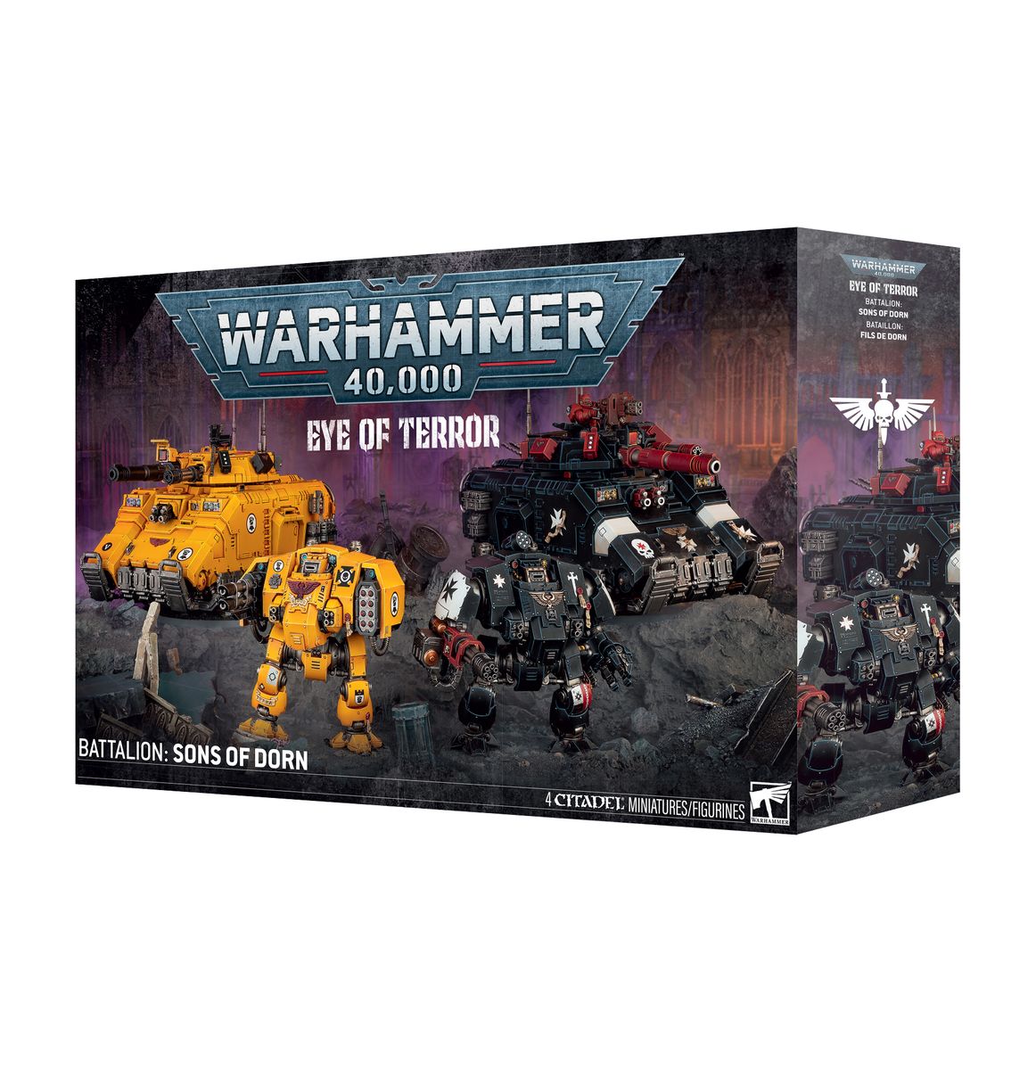 Warhammer 40,000 - Eye of Terror Battalion - Sons of Dorn (PREORDER) - Warhammer 40,000 Eye of Terror Battalion box featuring black and yellow Sons of Dorn armored vehicles and figures on dark.
