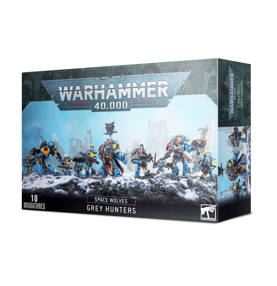Warhammer 40,000 - Space Wolves - Grey Hunters - Warhammer 40,000 Space Wolves Grey Hunters box featuring ten detailed blue and grey armored miniatures with weapons and.
