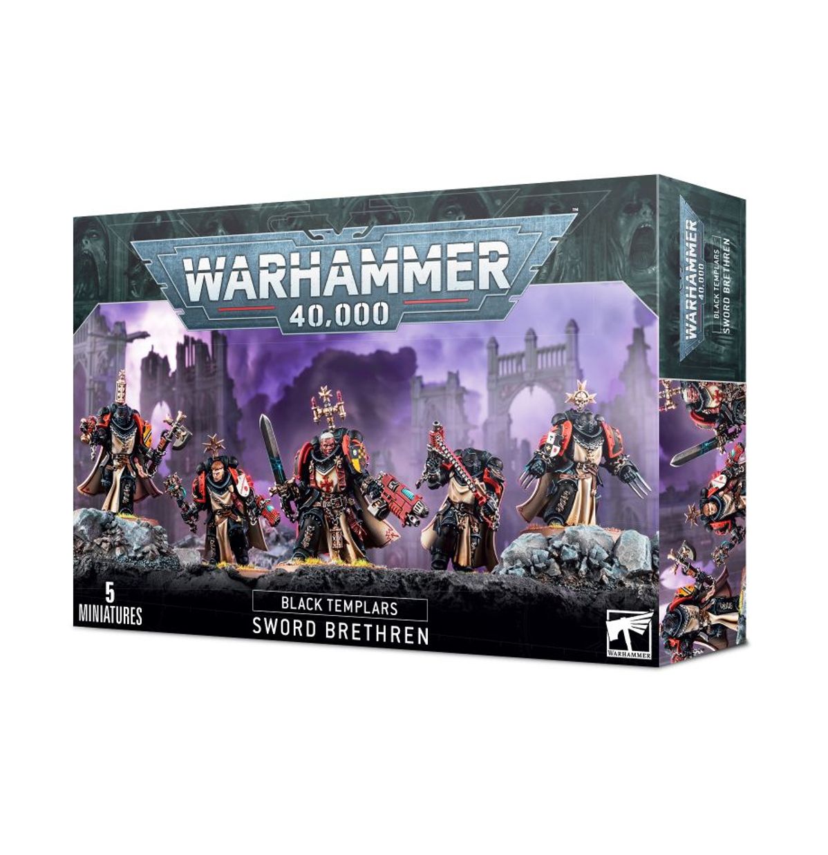 Warhammer 40,000 - Black Templars - Sword Brethren - Set of five detailed black-armored Warhammer 40,000 Black Templars Sword Brethren miniatures with silver and red accents,.