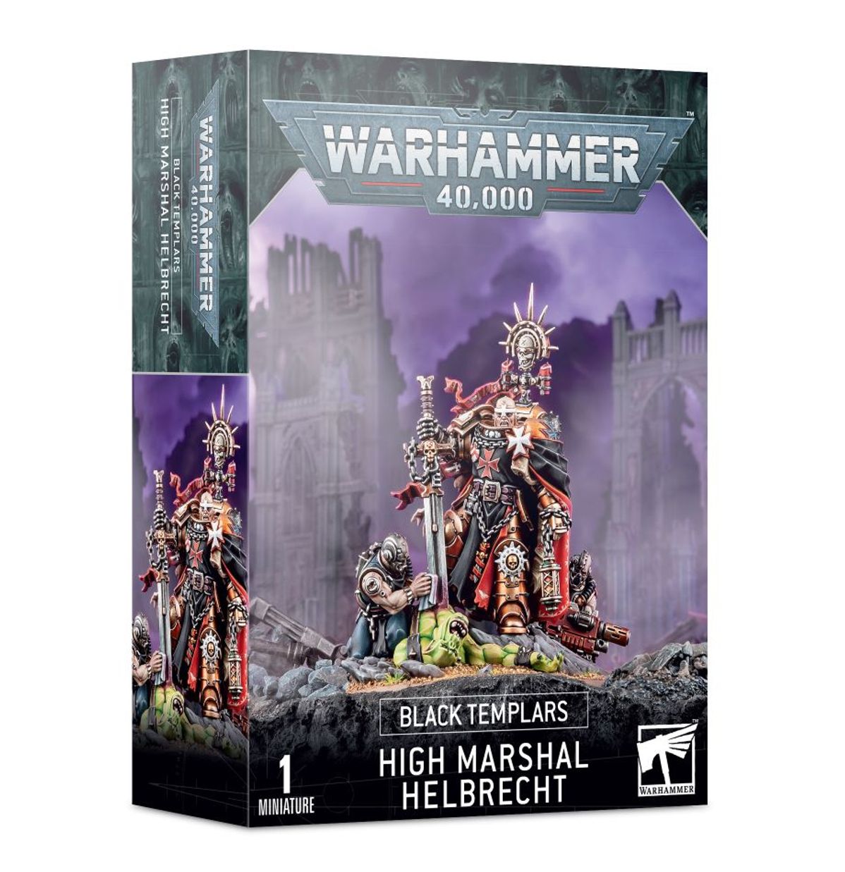 Warhammer 40,000 - Black Templars - High Marshall Helbrecht - Warhammer 40,000 Black Templars High Marshal Helbrecht miniature with ornate armor, skulls, and a large sword on a detailed.