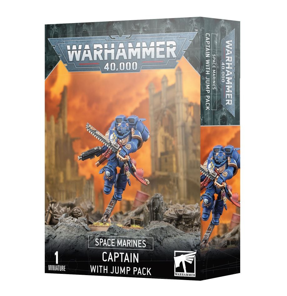Warhammer 40,000 - Space Marines - Captain with Jump Pack - Warhammer 40,000 Space Marines Captain figure with blue armor and jump pack on a rubble base.