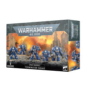 Warhammer 40,000 - Space Marines - Terminator Squad - Boxed Warhammer 40,000 Space Marines Terminator Squad miniature set with blue-armored figures in battle poses against fiery.