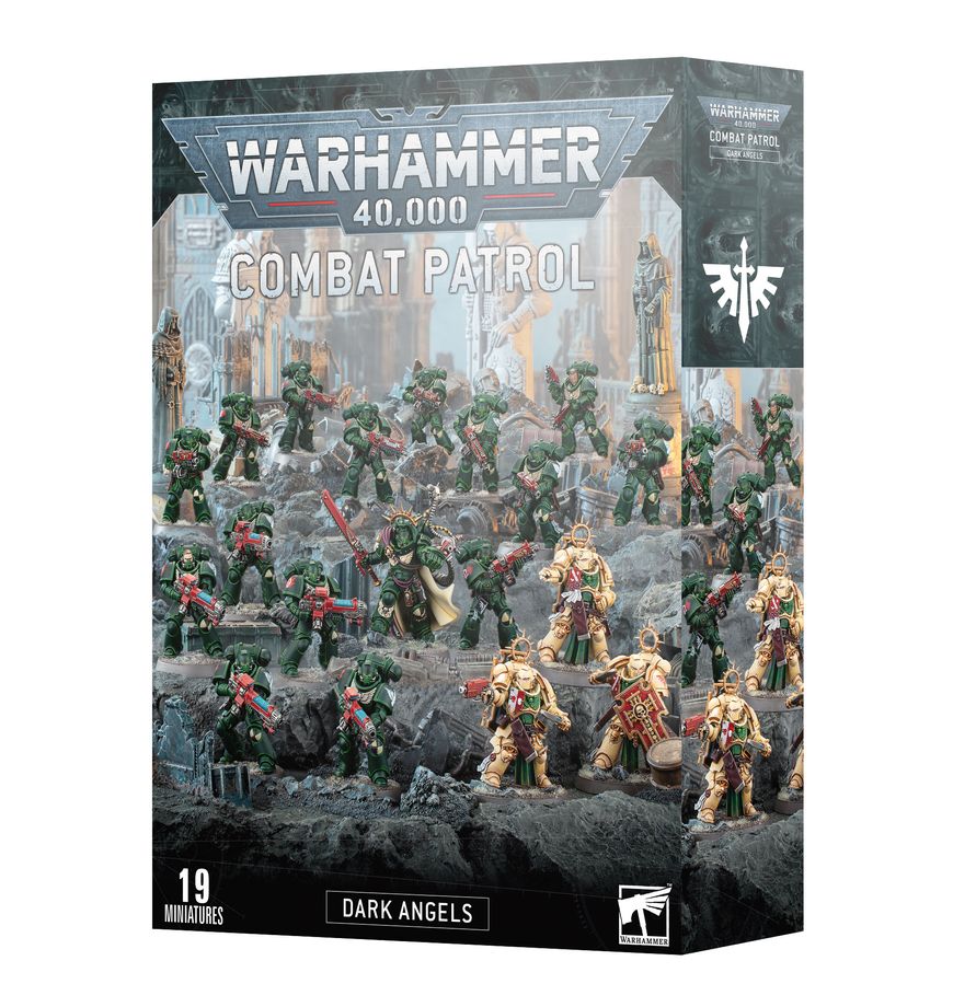 Warhammer 40,000 - Dark Angels - Combat Patrol - Boxed Warhammer 40,000 Dark Angels Combat Patrol set featuring 19 green and gold armored miniature figurines arranged on a.
