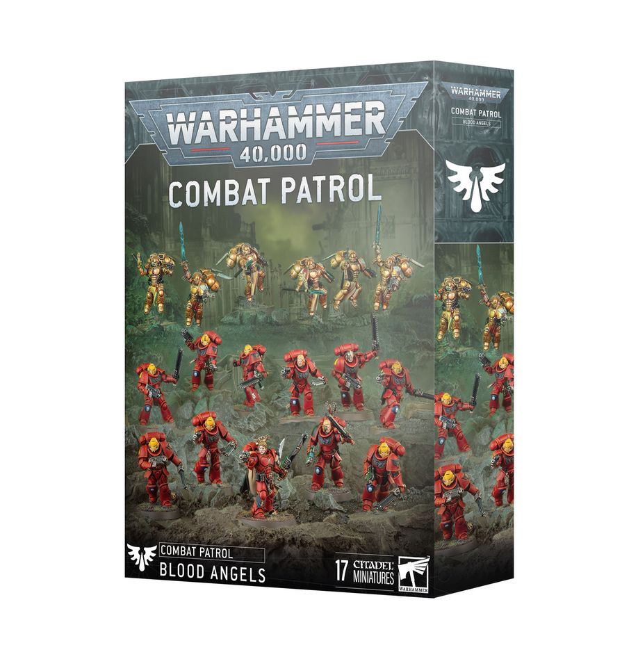 Warhammer 40,000 - Blood Angels - Combat Patrol - Warhammer 40,000 Blood Angels Combat Patrol box featuring red-armored miniature soldiers with gold and black details.