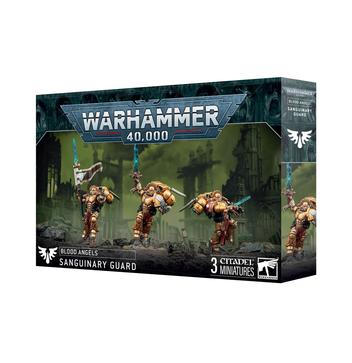Warhammer 40,000 - Blood Angels - Sanguinary Guard - Warhammer 40,000 Blood Angels Sanguinary Guard box featuring three detailed red and gold armored miniature figures wielding.