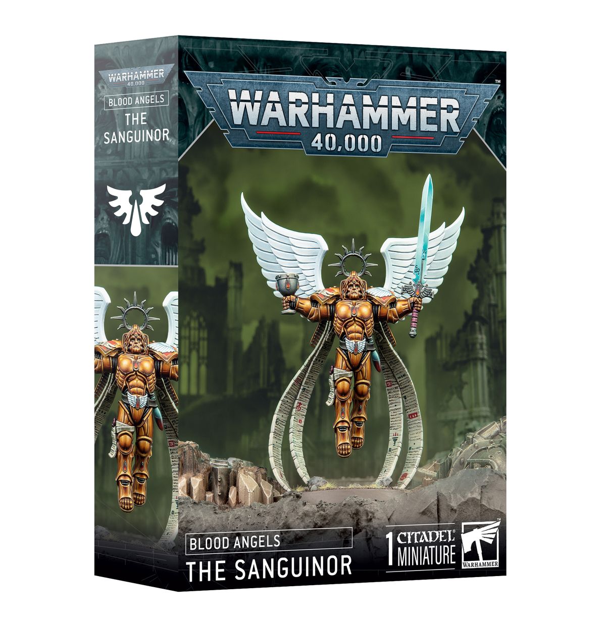 Warhammer 40,000 - Blood Angels - The Sanguinor - Warhammer 40,000 Blood Angels The Sanguinor miniature box featuring armored figure with golden-red wings and large curved.