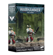 Warhammer 40,000 - Blood Angels - Sanguinary Priest - Warhammer 40,000 Blood Angels Sanguinary Priest miniature in white and red armor holding a large gun and a staff, standing.