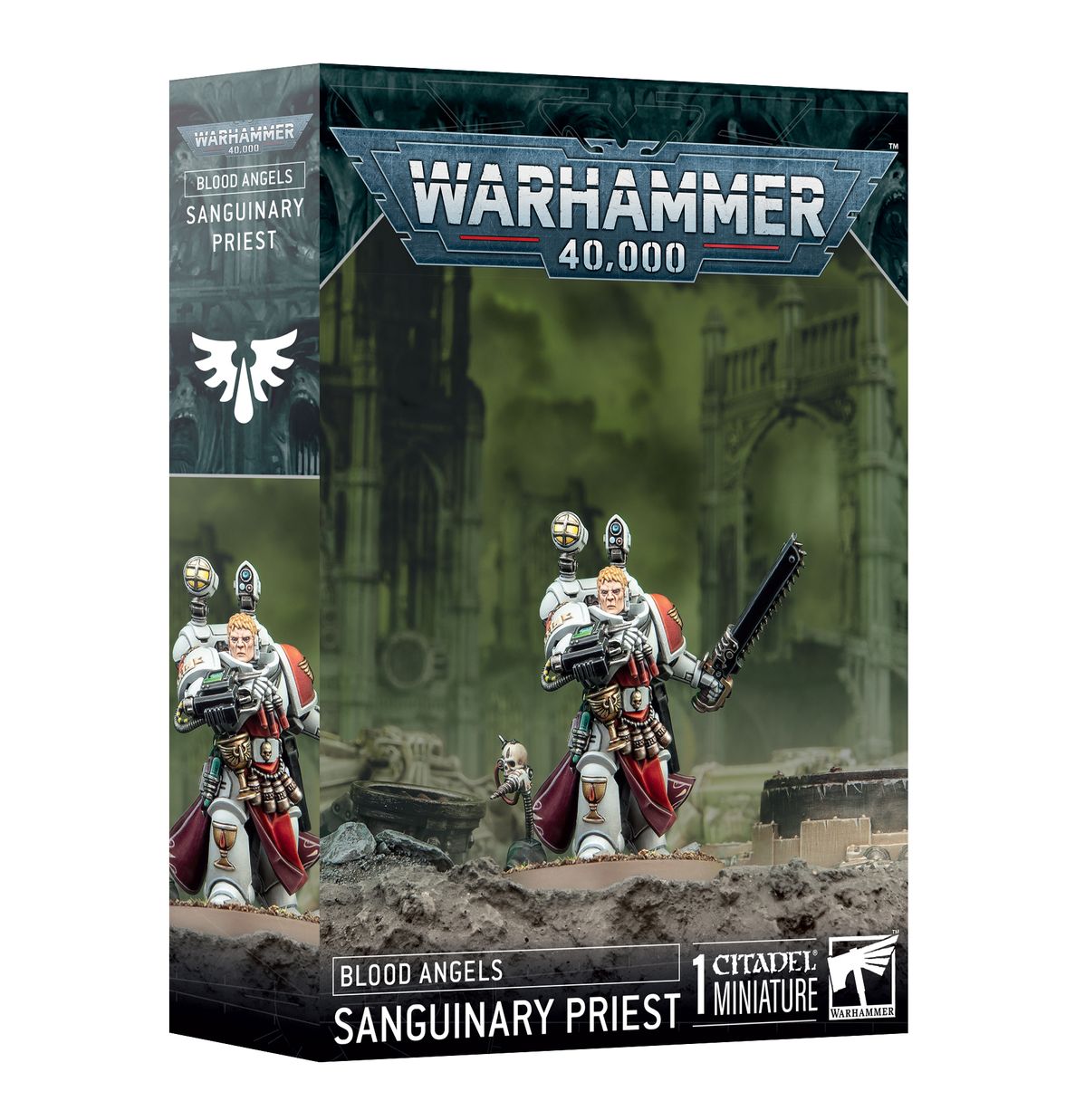 Warhammer 40,000 - Blood Angels - Sanguinary Priest - Warhammer 40,000 Blood Angels Sanguinary Priest miniature in white and red armor holding a large gun and a staff, standing.