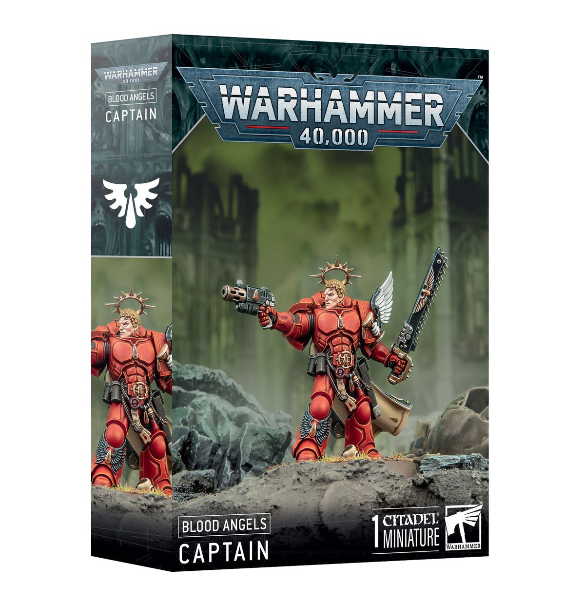 Warhammer 40,000 - Blood Angels - Captain - Red armored Warhammer 40,000 Blood Angels Captain miniature holding a chainsword and bolt pistol, standing on a rocky base.