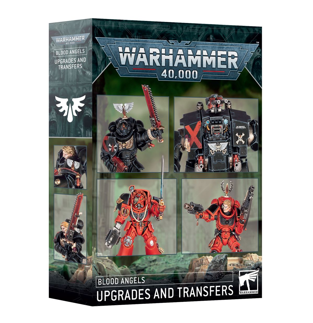 Warhammer 40,000 - Blood Angels - Upgrades and Transfers - Warhammer 40,000 Blood Angels Upgrades and Transfers box with red and black space marine miniatures and weapons displayed.