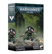 Warhammer 40,000 - Blood Angels - Lemartes - Warhammer 40,000 Blood Angels Lemartes miniature in black and red power armor, posed with weapons on a rocky base.