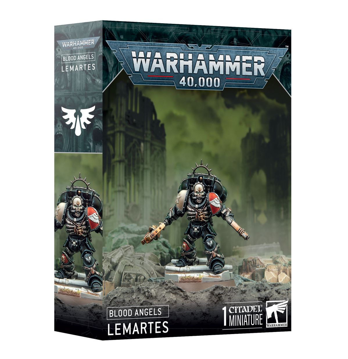 Warhammer 40,000 - Blood Angels - Lemartes - Warhammer 40,000 Blood Angels Lemartes miniature in black and red power armor, posed with weapons on a rocky base.