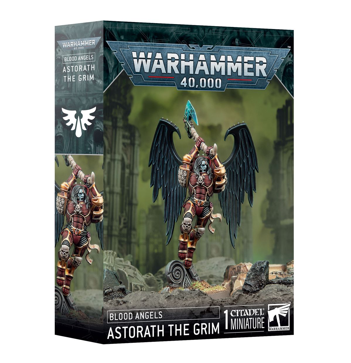 Warhammer 40,000 - Blood Angels - Astorath the Grim - Warhammer 40,000 Blood Angels Astorath the Grim miniatures box featuring armored warrior with large black wings and glowing.